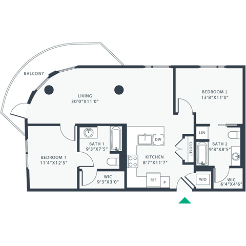 Floor plan for 2 beds, 2 baths, 1063 sqft